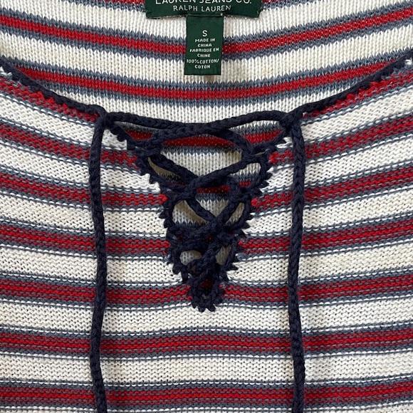 Lauren Ralph Lauren Striped Lace-Up Sweater Red White Navy Cotton Size S Small - Picture 3 of 12